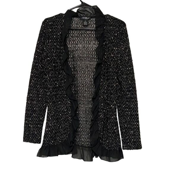 Jacket Woman’s Small Black Silver Sparkle Dress Open Coat Ruffle Trim SML Design - Picture 1 of 6